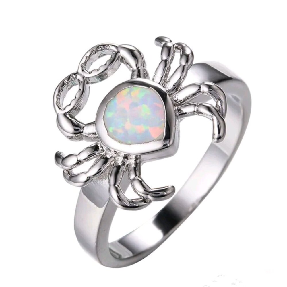 New dainty Little Silver Crab Ring With White Opal Shell Gift Size 8